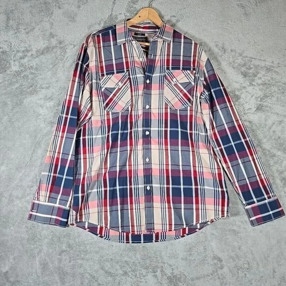 American Rag Shirt Mens Large Red Blue Tartan Plaid Button Up Long Sleeve Casual